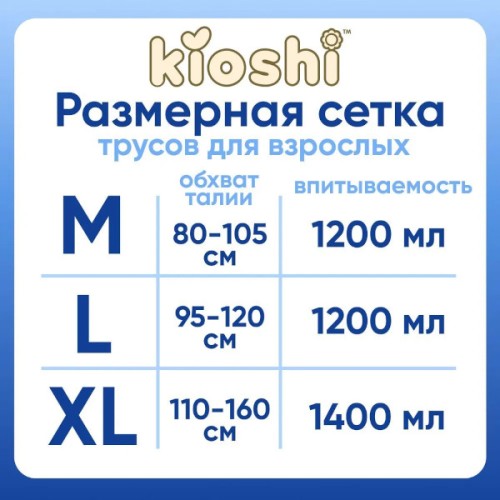 Подгузники-трусы KIOSHI для взрослых р-р- М (80-105см) 10шт