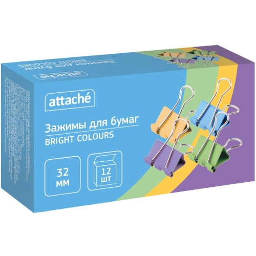 Зажим для бумаг 32 мм Attache Bright Colours цветные (12 штук в упаковке)