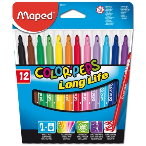 Фломастеры Maped Color peps Long Life 12 цветов смывающиеся с вентилируемыми колпачками (845020)