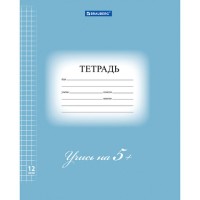 Тетрадь 12 л. BRAUBERG ЭКО "5-КА", клетка, обложка плотная мелованная бумага, СИНЯЯ, 104760