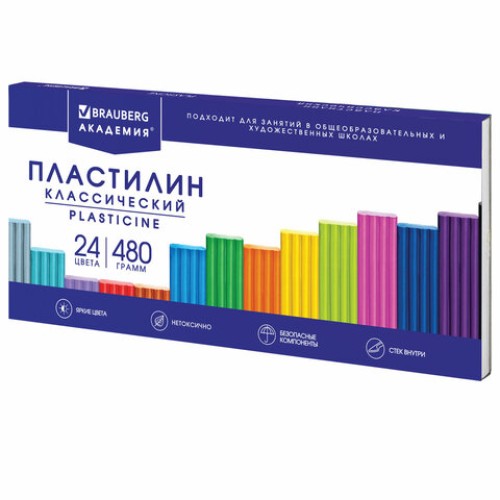 Пластилин классический BRAUBERG "АКАДЕМИЯ КЛАССИЧЕСКАЯ", 24 цвета, 480 г, СТЕК, ВЫСШЕЕ КАЧЕСТВО, 106424