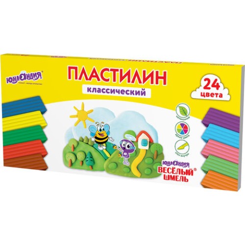 Пластилин классический ЮНЛАНДИЯ "ВЕСЁЛЫЙ ШМЕЛЬ", 24 цвета, 480 грамм, стек, ВЫСШЕЕ КАЧЕСТВО, 106433