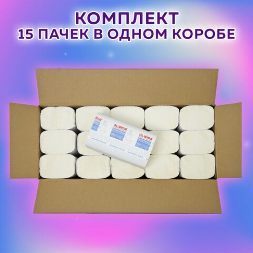 Полотенца бумажные 200 шт., LAIMA (H3) UNIVERSAL WHITE, 1-слойные, белые, КОМПЛЕКТ 15 пачек, 23x20,5, V-сложение, 111342