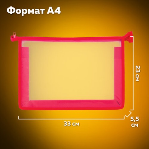 Папка для тетрадей А4 ПИФАГОР, пластик, молния сверху, прозрачная, красная, 228208