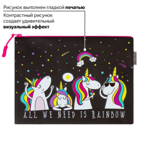 Папка для тетрадей A5 BRAUBERG, мягкий, водонепроницаемая молния, "Unicorns", 25х20 см, 229259