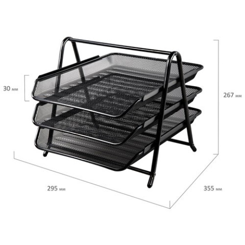 Лоток горизонтальный металлический для бумаг, 3 секции, BRAUBERG "Germanium", А4 (267х355х295 мм), черный, 231952