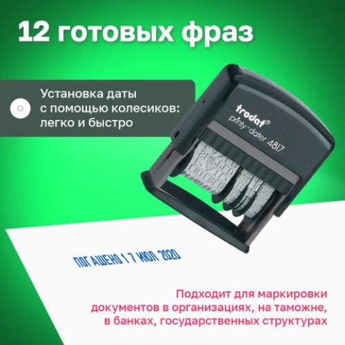 Датер-мини месяц буквами, "12 бухгалтерских терминов", оттиск 45х3,8 мм, синий, TRODAT 4817, корпус черный, 80701