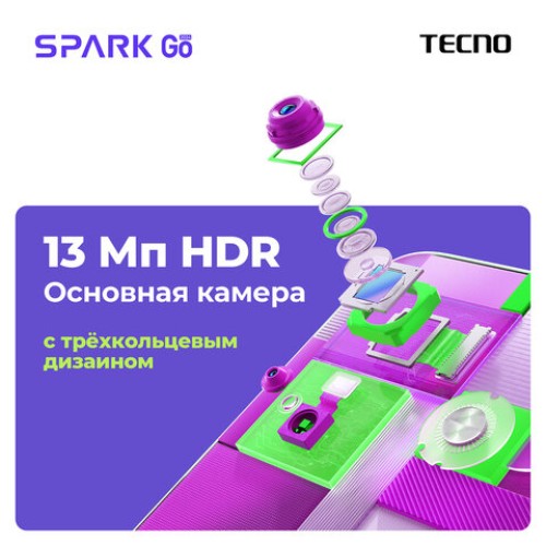 Смартфон TECNO SPARK GO, 2 SIM, 6,56", 4G, 13+2/5 Мп, 4/64 ГБ, черный, пластик, TCN-BG6.64.GRBK