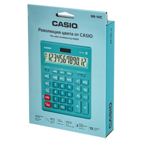 Калькулятор настольный CASIO GR-12С-LB (210х155 мм), 12 разрядов, двойное питание, ГОЛУБОЙ, GR-12C-LB-W-EP