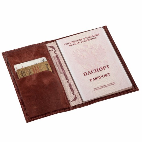 Обложка для паспорта натуральная кожа пулап, "Passport", кожаные карманы, коричневая, BRAUBERG, 238197