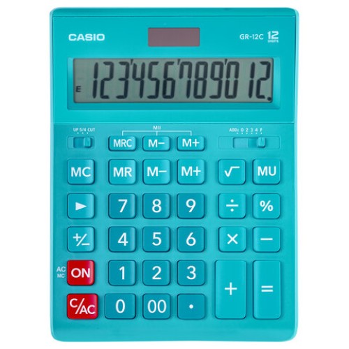 Калькулятор настольный CASIO GR-12С-LB (210х155 мм), 12 разрядов, двойное питание, ГОЛУБОЙ, GR-12C-LB-W-EP