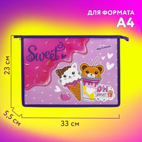 Папка для тетрадей ЮНЛАНДИЯ А4, 1 отделение, пластик, на молнии, "Candy friends", 272139