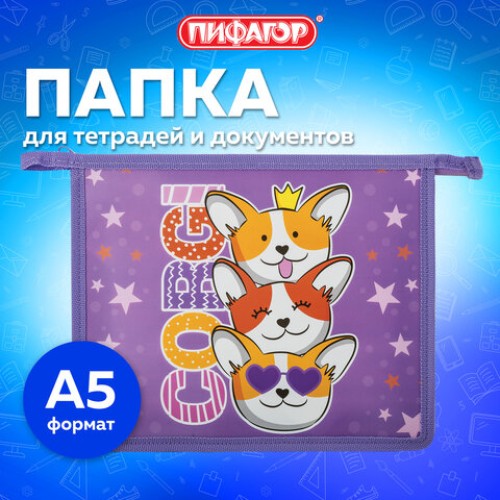 Папка для тетрадей ПИФАГОР А5, 1 отделение, пластик, на молнии, Corgi queen, 272192