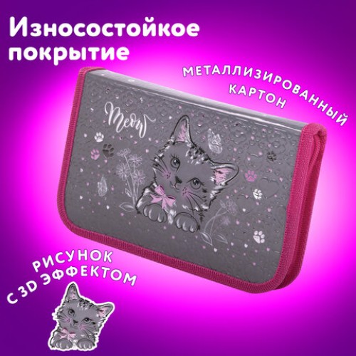 Пенал ЮНЛАНДИЯ, 1 отделение, металлизированный картон, конгрев, 19х11 см, "Meow", 271103