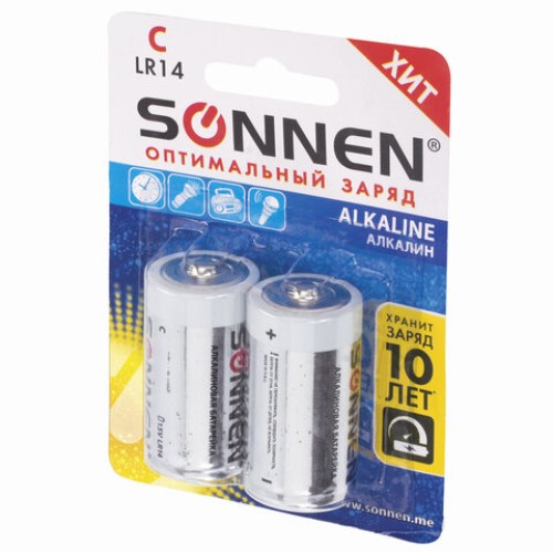 Батарейки КОМПЛЕКТ 2 шт., SONNEN Alkaline, С (LR14, 14А), алкалиновые, блистер, 451090