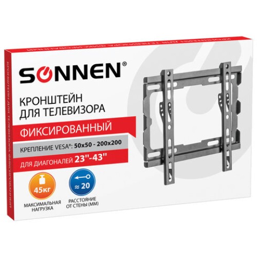 Кронштейн-крепление для ТВ настенный, до 45 кг. VESA 100х100-200х200, 23"-43", черный, SONNEN, 455948