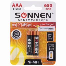 Батарейки аккумуляторные Ni-Mh мизинчиковые КОМПЛЕКТ 2 шт., AAA (HR03) 650 mAh, SONNEN, 454236