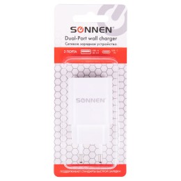 Зарядное устройство быстрое сетевое (220В) SONNEN, порты USB+Type-C, QC 3.0, 3 А, белое, 455505