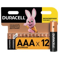 Батарейки КОМПЛЕКТ 12 шт., DURACELL Basic ОРИГИНАЛ, AAA (LR03, 24А), алкалиновые, мизинчиковые