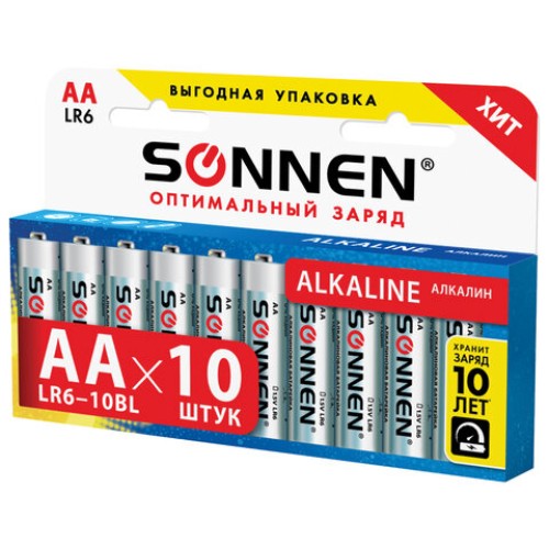 Батарейки КОМПЛЕКТ 10 шт., SONNEN Alkaline, АА (LR6, 15А), алкалиновые, пальчиковые, короб, 451086