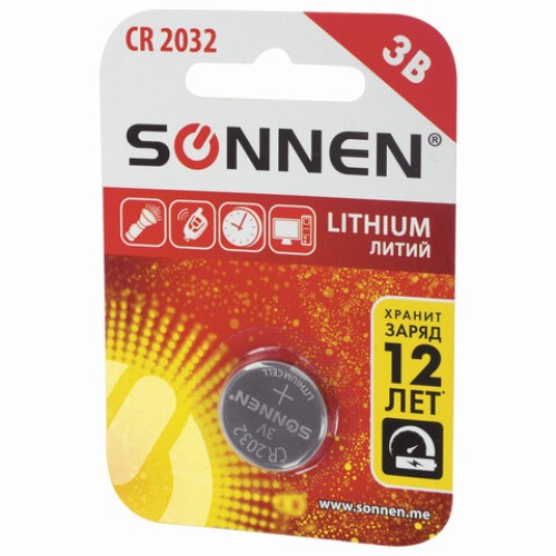 Батарейка SONNEN Lithium, CR2032, литиевая, 1 шт., в блистере, 451974