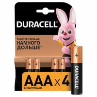 Батарейки КОМПЛЕКТ 4 шт., DURACELL Basic, AAA (LR03, 24А), алкалиновые, мизинчиковые, блистер, MN 2400 AAA LR3