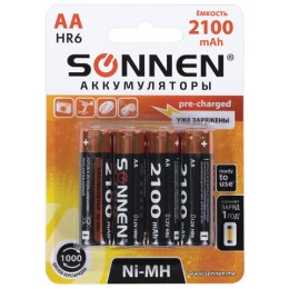 Батарейки аккумуляторные Ni-Mh пальчиковые КОМПЛЕКТ 4 шт., АА (HR6) 2100 mAh, SONNEN, 455606