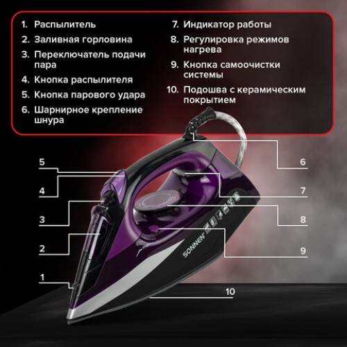 Утюг SONNEN SI-270, 2600 Вт, керамическое покрытие, антикапля, антинакипь, черный/фиолетовый, 455280