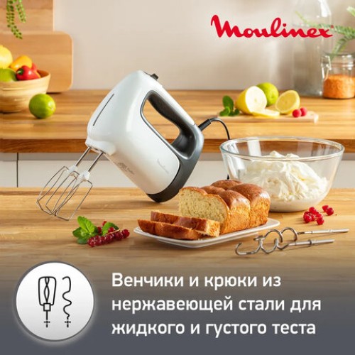 Миксер MOULINEX HM460110, 500 Вт, 5 скоростей, 2 венчика, 2 крюка для теста, белый, 7211004400