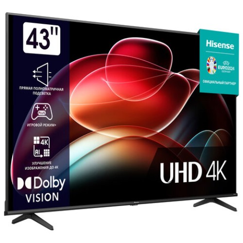 Телевизор HISENSE 43A6K, 43" (108 см), 3840 x 2160, 4K, 16:9, SmartTV, Wi-Fi, черный