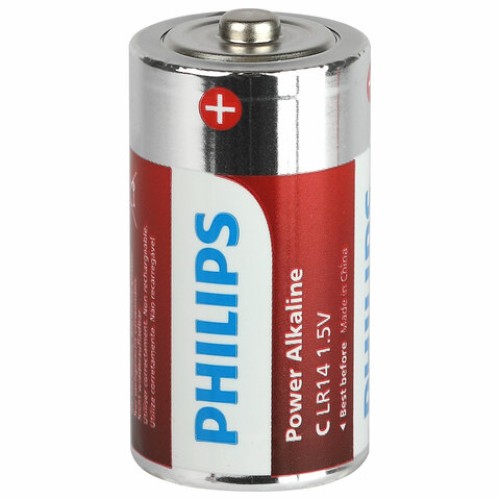 Батарейки алкалиновые КОМПЛЕКТ 2 шт., PHILIPS Power Alkaline, C (LR14, 14А), блистер, Б0062687