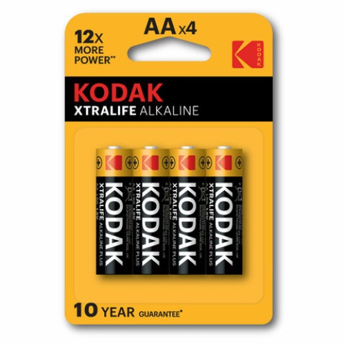 Батарейки алкалиновые "пальчиковые" КОМПЛЕКТ 4 шт., KODAK Xtralife Alkaline, АА (LR6, 24А), блистер, Б0014328