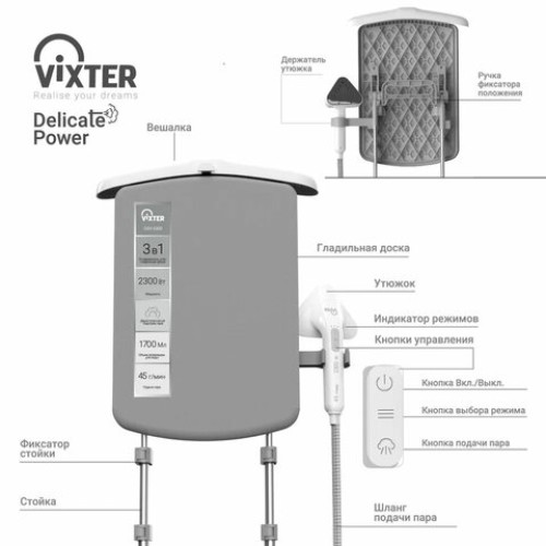 Отпариватель напольный VIXTER GSV-5300 с доской, 2300 Вт, пар 45 г/мин, резервуар 1,7 л, 3 режима, белый