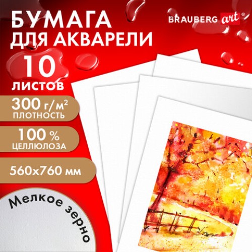 Бумага для акварели 300 г/м2 560x760 мм мелкое зерно, 10 листов, BRAUBERG ART PREMIERE, 113237