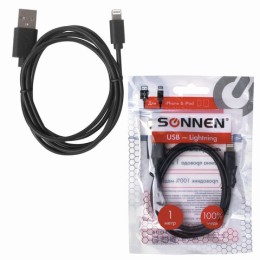 Кабель USB 2.0-Lightning, 1 м, SONNEN, медь, для передачи данных и зарядки iPhone/iPad, 513116