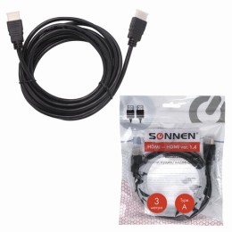 Кабель HDMI AM-AM, 3 м, SONNEN, ver1.4, FullHD, 4К, для ноутбука, компьютера, ТВ-приставки, монитора, телевизора, проектора, черный, 513121