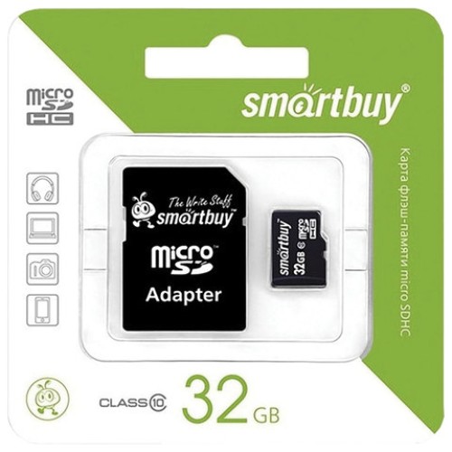 Карта памяти micro SDHC, 32 GB, SMARTBUY, 10 Мб/сек. (class 10), с адаптером, SB32GBSDCL10-01