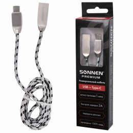 Кабель USB 2.0-Type-C, 1 м, SONNEN Premium, медь, передача данных и быстрая зарядка, 513127