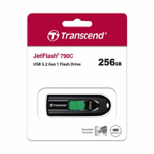 Флеш-диск 256GB TRANSCEND JetFlash 790C, разъем USB Type-С, черный/зеленый, TS256GJF790C