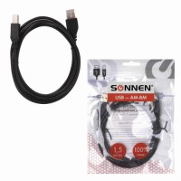 Кабель USB2.0 AM-BM, 1,5 м, SONNEN, медь, для подключения периферийных устройств - принтеров, сканеров, МФУ, плоттеров, черный, 513118