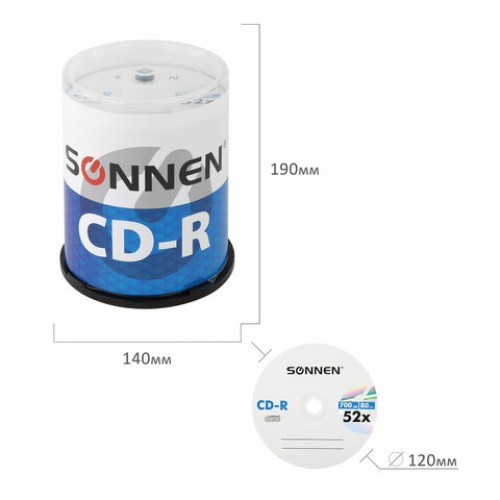 Диски CD-R SONNEN, 700 Mb, 52x, Cake Box (упаковка на шпиле) КОМПЛЕКТ 100 шт., 513533