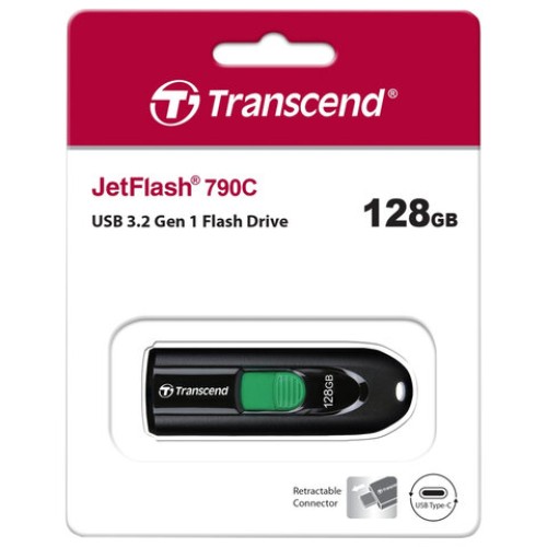 Флеш-диск 128GB TRANSCEND JetFlash 790C, разъем USB Type-С, черный/зеленый, TS128GJF790C