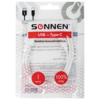 Кабель белый USB 2.0-Type-C, 1 м, SONNEN, медь, для передачи данных и зарядки, 513558