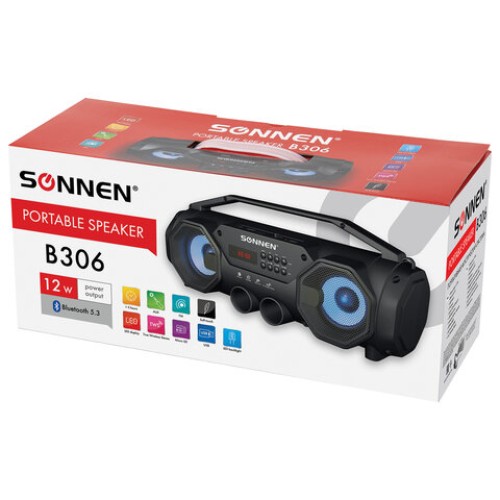 Колонка портативная с подсветкой SONNEN B306, 12 Вт, Bluetooth, FM-тюнер, microSD, MP3-плеер, черная, 513479