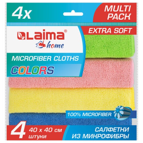 Салфетка из плотной микрофибры 40х40 см, АВТО / ДОМ, "MULTI PACK PRO COLOUR 40", КОМПЛЕКТ 4 шт., 280 г/м2, LAIMA, 607793