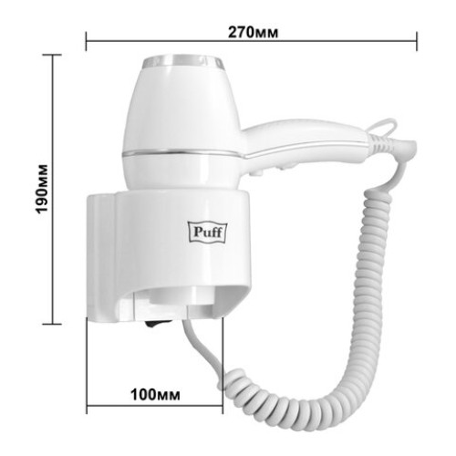 Фен для волос настенный PUFF-1800, 1800 Вт, пластик/металл, 2 скорости, белый, 1405.004