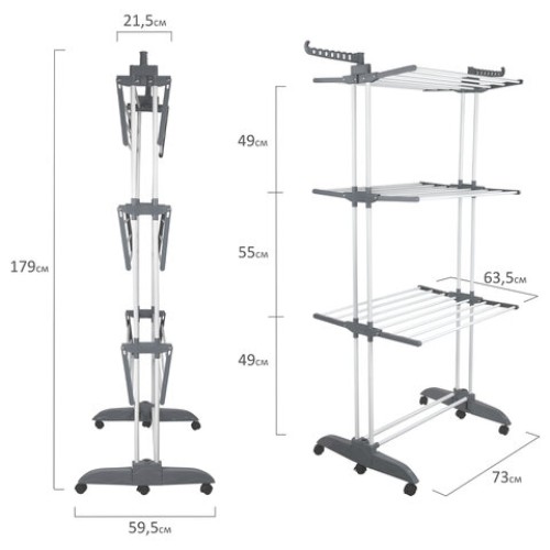 Сушилка напольная для белья раскладная МНОГОФУНКЦИОНАЛЬНАЯ, 3 уровня, на колесах, "Super Compact", СКЛАДНОЕ ОСНОВАНИЕ, LAIMA HOME, 608462