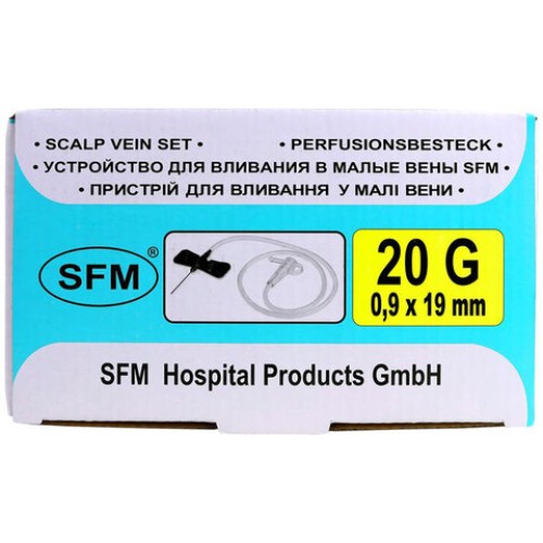 Иглы-бабочки для вливания в малые вены SFM 0,9 х 19 - 20G, КОМПЛЕКТ 100 штук, LUER