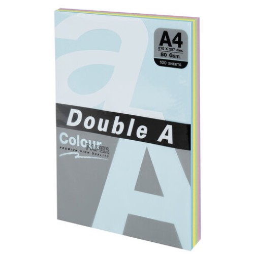 Бумага цветная DOUBLE A, А4, 80 г/м2, 100 л. (5 цветов x 20 листов), микс пастель