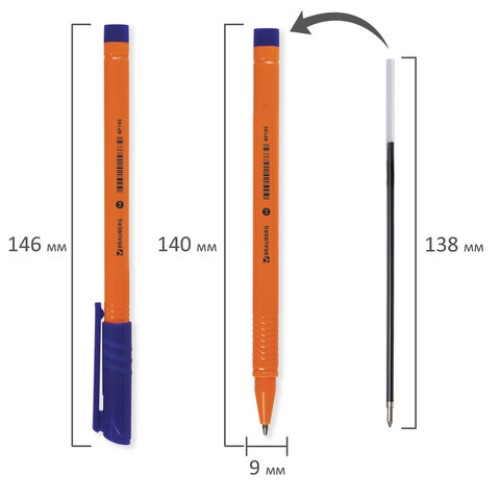 Ручка шариковая BRAUBERG "Solar", СИНЯЯ, трехгранная, корпус оранжевый, узел 1 мм, линия письма 0,5 мм, 142402